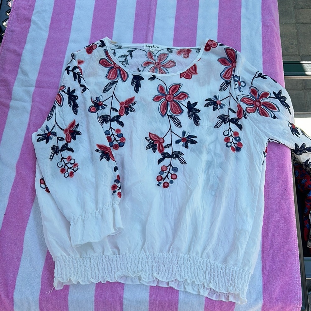 White and Red Embellished Relaxed Blouse